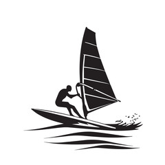 Wind surfing in cartoon, doodle style . Image for t-shirt, web, mobile apps and ui. Isolated 2d vector illustration in logo, icon, sketch style, Eps 10, black and white. AI Generative