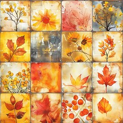 Seamless pattern of watercolor tiles showcasing the equinox sun, with equal light and shadow blending in spring and autumn scenes. Seamless Pattern, Fabric Pattern, Tumbler Wrap, Mug Wrap.