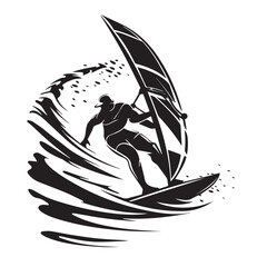 Wind surfing in cartoon, doodle style . Image for t-shirt, web, mobile apps and ui. Isolated 2d vector illustration in logo, icon, sketch style, Eps 10, black and white. AI Generative