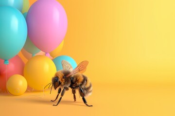 A bee is flying in front of a bunch of balloons - obrazy, fototapety, plakaty