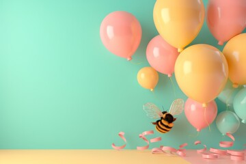 A bee is flying in front of a bunch of balloons - obrazy, fototapety, plakaty