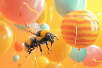 A bee is flying in front of a bunch of balloons