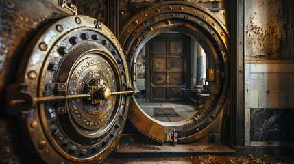 An antique, ornate vault door standing ajar, revealing a glimpse of the mysterious contents within, evoking themes of security and wealth