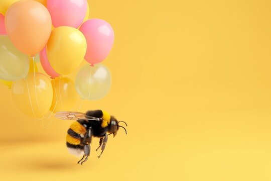 A bee is flying in front of a bunch of balloons