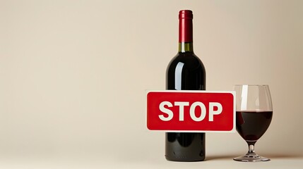 A bottle of red wine next to a filled glass with a bold stop sign in front, promoting moderation and responsible drinking