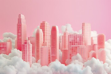 A city is shown in a pinkish color with clouds in the background