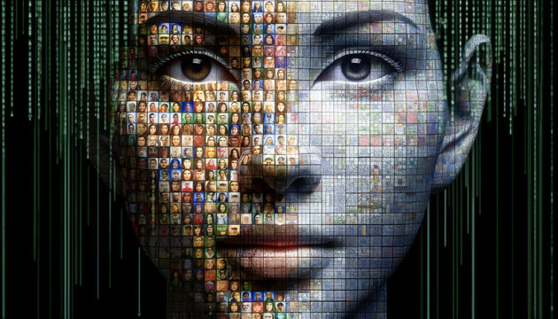 A mosaic portrait of a woman's face created from numerous smaller photos, overlaid with green digital code, symbolizing a fusion of humanity and data.