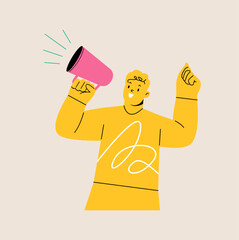 Happy man announcing, shouting loud, advertising, holding megaphone. Colorful vector illustration