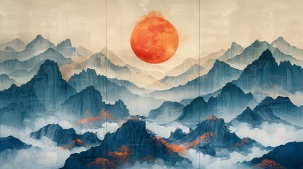 A triptych of mountains in watercolour with a gold line art background for wall decor, office art, and wallpaper. - obrazy, fototapety, plakaty