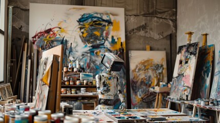 A robot artist creating paintings in an art studio, surrounded by canvases