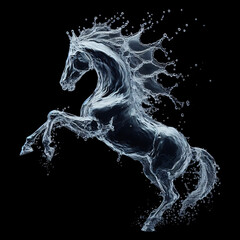 Watersplash in the Shape of a Jumping Horse on Black Background