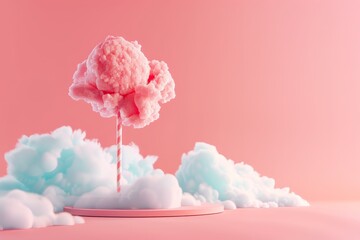 A fluffy pink and blue cloud with a stick in the middle - obrazy, fototapety, plakaty