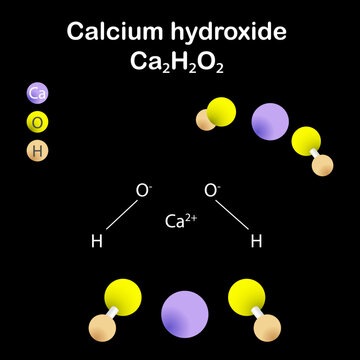 Calcium hydroxide (slaked lime). Formula Ca(OH)2.It has many names including hydrated lime,caustic lime, builders' lime, slack lime.3d illustration.The molecule is represented in different structures.