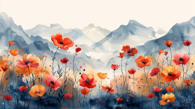 Modern watercolor background with autumn florals and wildflowers. Modern graphic suitable for fabrics, prints, and covers.