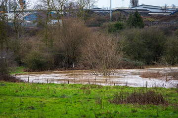 Nene river flooding during heavy rains in Northampton England UK