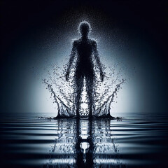 Human Silhouette Surrounded by Watersplash on Black Background