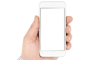 Mobile phone mockup with blank screen on white background for advertising, featuring a hand