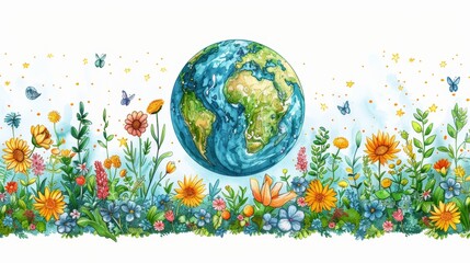 Naklejka premium This is a happy Earth day concept, 22 April, element modern set. Save the earth, globe, recycle symbol in simple drawing doodle style. Ideal for web, banners, campaigns, and social media posts.