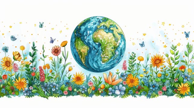 Naklejki This is a happy Earth day concept, 22 April, element modern set. Save the earth, globe, recycle symbol in simple drawing doodle style. Ideal for web, banners, campaigns, and social media posts.