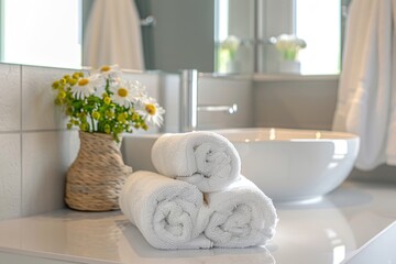 Fototapeta na wymiar Stylish modern bathroom interior with towels. White bathroom interior