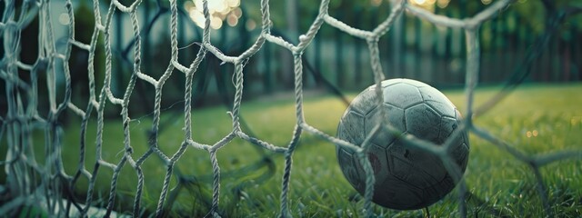 A football game design with a green grass background features a soccer ball flying into the goal. - obrazy, fototapety, plakaty