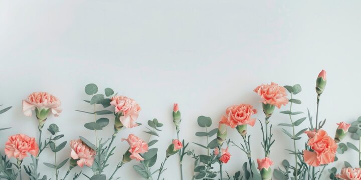 A large, studio-lit banner image featuring pastel peach-colored flowers and eucalyptus against a white background