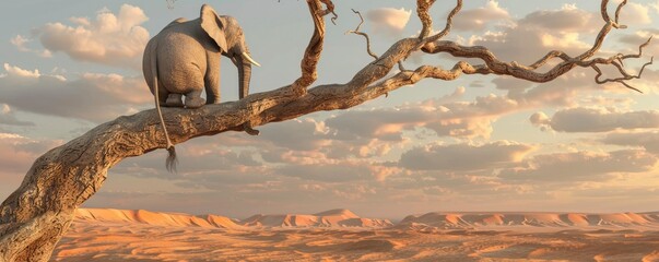An elephant in the desert perched on a tree branch - obrazy, fototapety, plakaty