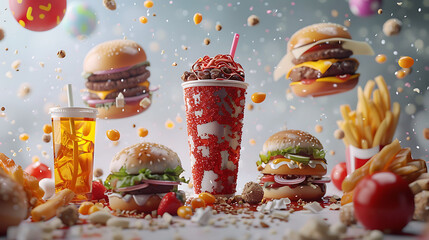 collage of various fast food products and drinks, hyperrealistic food photography
