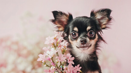 Small cute chihuahua dog holding a bouquet of flowers on a pink background. Spring card for Valentine's Day, Women's Day, Birthday.