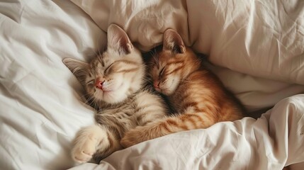 Couple small striped colored kittens sleeping hugging each other at home lying under white blanket.