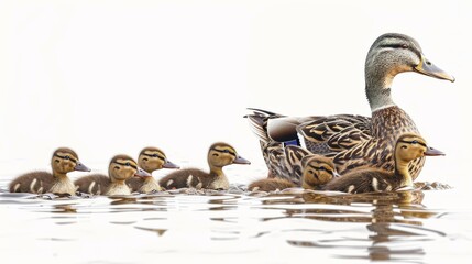 A mother duck is leading her ducklings through the water - obrazy, fototapety, plakaty