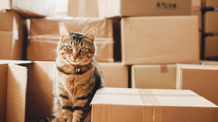 Cat in cardboard box at home. Moving with pets concept