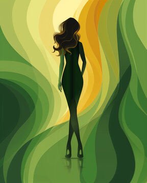 Digital painting of a happy woman in a green dress among nature