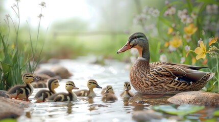 A mother duck is surrounded by her ducklings in a pond - obrazy, fototapety, plakaty