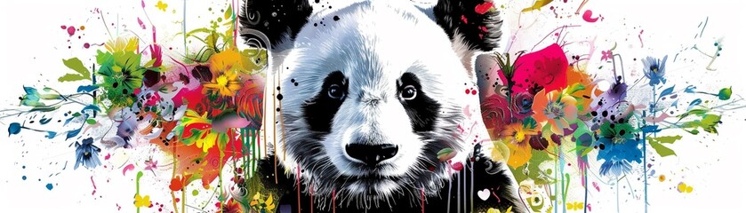 A Graphic illustration of a panda with a splash of colorful floral designs against a white...