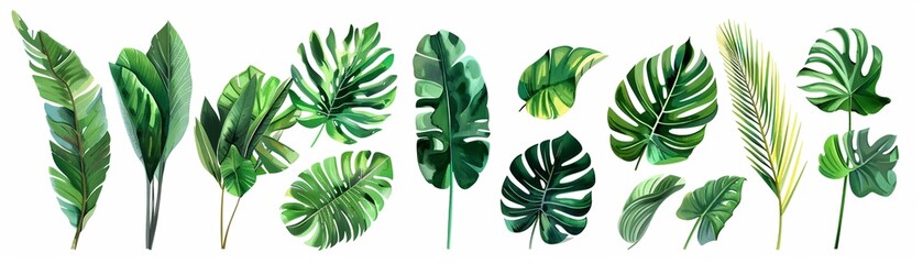 A Artistic illustration showcasing a collection of various types of tropical leaves in detailed green tones.