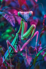 Alien praying mantis neon jungle - obrazy, fototapety, plakaty