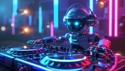 DJ robot at turntable, neonlit club, vibrant nightlife, focused on music, cool blue tones, wide shot - obrazy, fototapety, plakaty