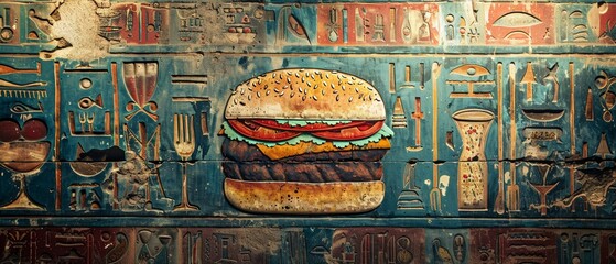 Hieroglyph wall modern food satire - obrazy, fototapety, plakaty