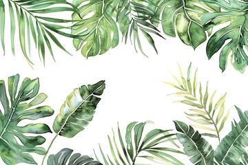 Fototapeta premium Watercolor banner tropical leaves and branches isolated on white background.