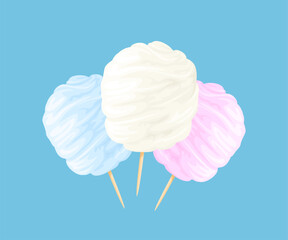 Cotton candy in white, pink and blue colors. Vector cartoon illustration of sweets.