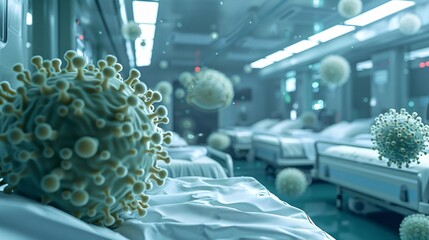 A close up of a virus in a hospital room with empty beds. - obrazy, fototapety, plakaty
