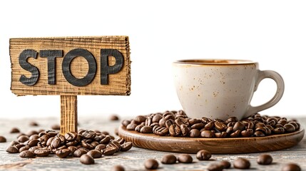 A wooden stop sign and a speckled coffee cup on a surface covered with scattered coffee beans - Powered by Adobe