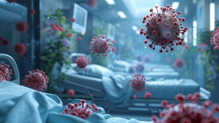 A hospital room with empty beds and virus particles floating in the air.