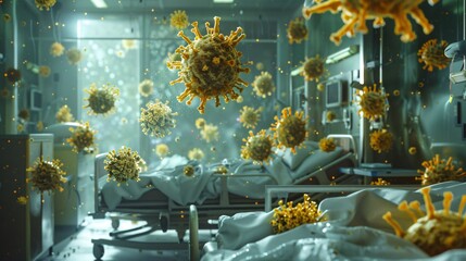 A hospital room with several beds. The beds are empty except for one, which has a patient lying in it. The patient is surrounded by green virus particles.