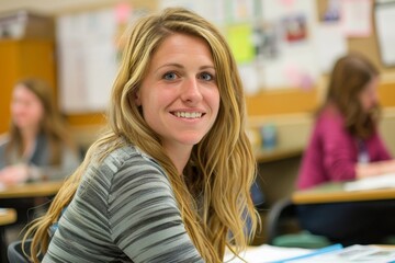 A blonde woman with long hair, wearing casual and smiling at the camera while sitting in an American classroom filled with students working on homework. The background features desks and whiteboard.