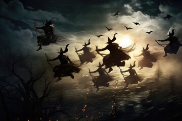 Witches flying on broomsticks across the moon.