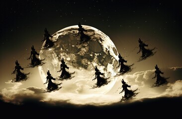 Naklejka premium Witches flying on broomsticks across the moon.