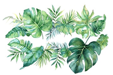 Fototapeta na wymiar Watercolor banner tropical leaves and branches isolated on white background.