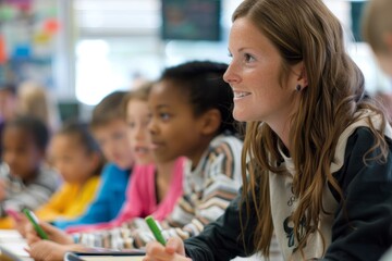 A photo of an American teacher smiling and sitting in front of her students. They have white skin with different hair colors. The kids sit at desks holding green crayons.